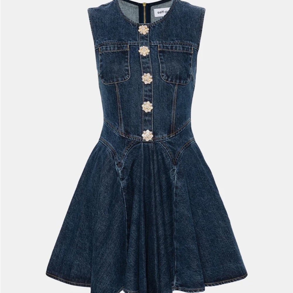 Self-Portrait Dark Blue Denim Dress with Floral Buttons